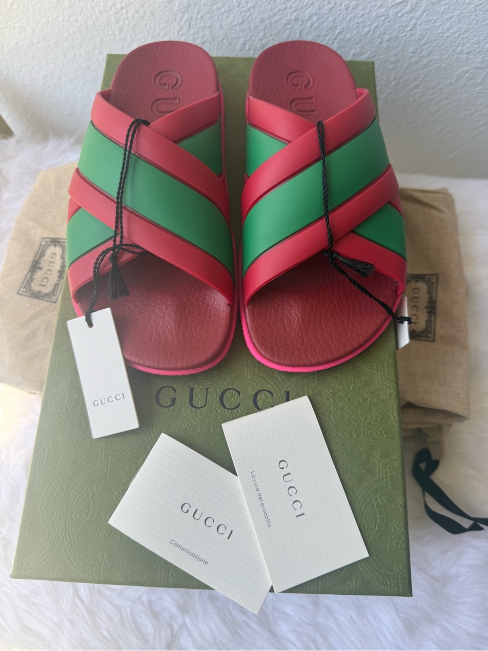 Authentic Gucci Red and Green Striped Leather Slide Sandals